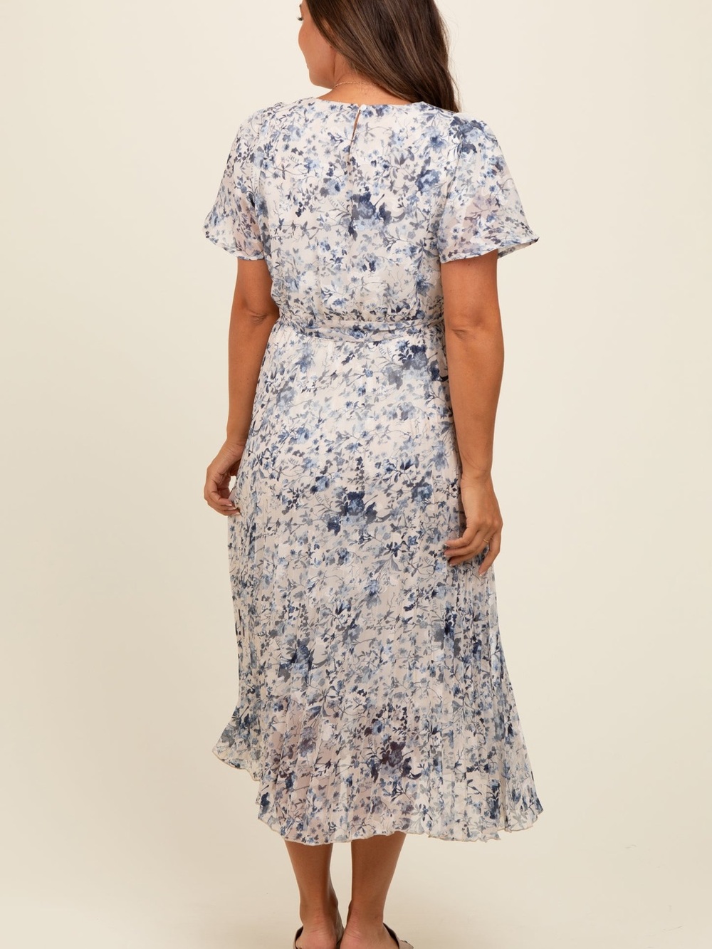 Cream Floral Pleated Maternity Midi Dress - Picture 3 of 3